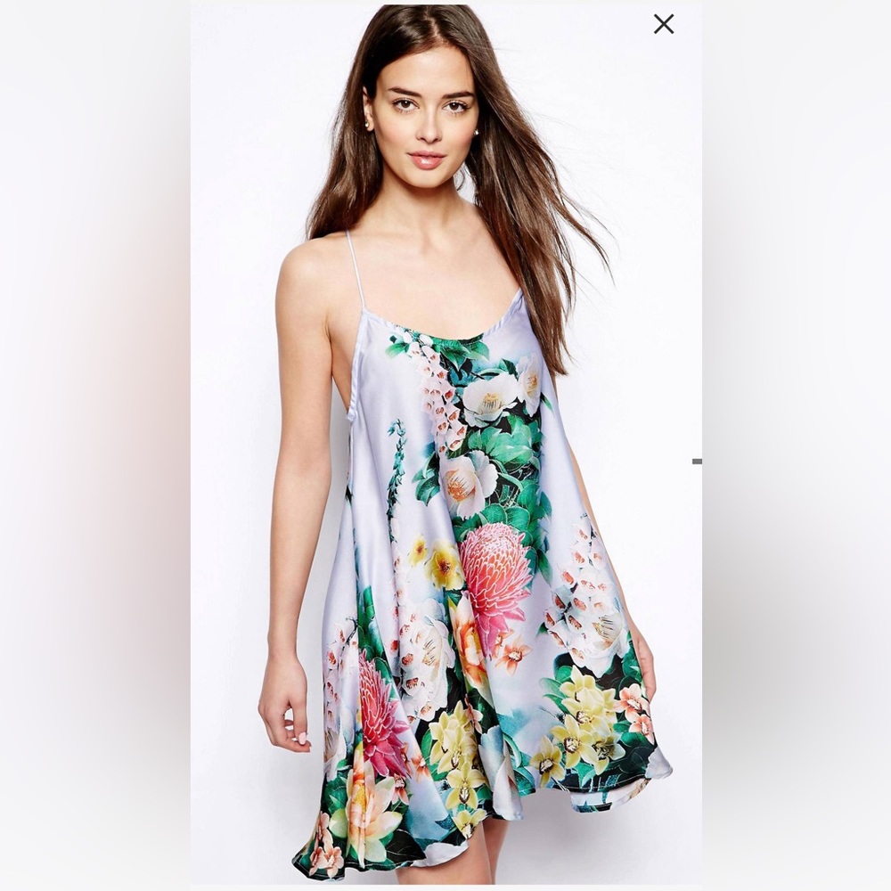 Baby Blue Tropical Print Satin Cami Dress